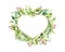 Heart shape frame with floral elements. Wreath with green grass, flowers, leaves. Decorative botanical border with