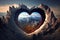 a heart shape hole in a beautiful mountain ai generated, generative ai romantic love wallpaper