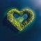 Heart shape island in the forest from aerial view in concept of environment caring devotion, water sustainability and