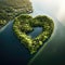 Heart shape island in the forest from drone view in concept of environment caring devotion, water sustainability and