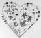 Heart shape lat design using office and art supplies, petals, butterfly, head set and gender neutral characters with a