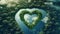 Heart shape made of flowers. Heartb shaped lake in the middle of untouched nature. g