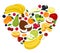 Heart shape by various fruits. Heart of coconut, pear, lime, raspberry, blackberry, apple, cherry, mandarin, banana, orange,