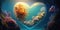 Heart shaped air bubble with corals underwater. Romantic concept wallpaper.