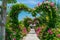 Heart-shaped arch in tunnel with pink flowers in park in tropics under sunlight