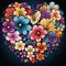 A heart shaped arrangement of flowers on a black background. Generative AI image.