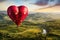 A heart-shaped balloon gracefully soars above a vibrant and fertile countryside, A heart balloon ride over a beautiful countryside