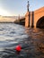 Heart shaped balloon on Neva River at sunset