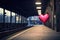 A heart shaped balloon sits peacefully on the side of a bustling train station, capturing the attention of passersby, An empty