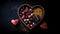 Heart shaped box of assorted gourmet chocolate candies on dark background