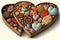 heart-shaped box overflowing with treats of all shapes and sizes