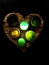 Heart shaped burnt pine wood with green and gold wine bottle glowing lights.