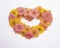 Heart-shaped chrysanthemum flowers. Yellow and pink flowers