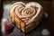 heart-shaped cinnamon roll with drizzle of icing and sprinkling of dusting sugar