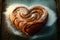 heart-shaped cinnamon roll with drizzle of icing and sprinkling of dusting sugar