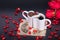 Heart shaped coffee cup filled with coffee beans and coffee