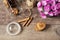 Heart shaped cookies. Top view of homemade cookies. Healthy dessert with cinnamon, dates and walnuts. Rustic background