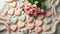 Heart-shaped cookies for valentine\\\'s day on a festive table with flowers