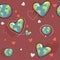 Heart shaped earth. Cartoon globe. web icons green happy nature character. love ecology earth planet world map seamless