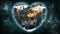 Heart shaped Earth planet on a outer space background. Love and respect the world, ecology, astronomy concepts. Earth textures