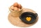 A heart-shaped egg yolk in the black bowl