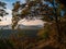 Heart shaped forest opening between trees hills sunset autumn fall colours love romantic relationship and ecology environmental