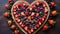 a heart shaped fruit pizza with strawberries and blueberries