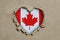 Heart shaped hole torn through paper, showing Canadian flag