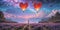 heart shaped hot air balloon on fantastic colorful sky
