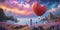 heart shaped hot air balloon on fantastic colorful sky