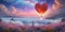 heart shaped hot air balloon on fantastic colorful sky