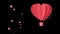 A heart shaped hot air balloon flies pn a black background. Origami hearts fly are falling. Motion vector graphics. Valentine`s