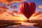 A heart shaped hot air balloon gracefully glides above a serene river, A heart-shaped hot air balloon during a sunset on Valentine