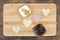 Heart shaped hot sandwich recipe, ingredients with sauces on a wooden board