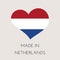 Heart shaped label with Netherlands flag. Made in Netherlands Sticker. Factory, manufacturing and production country concept.