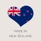 Heart shaped label with New Zealand flag. Made in New Zealand Sticker. Factory, manufacturing and production country concept.