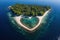 heart shaped lagoon on a secluded tropical island, aerial view