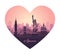 Heart-shaped liiustration with abstract landscape of the city with sights of the USA