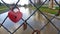 Heart-shaped lock on a metal fence with a river in the background - concept of eternal love