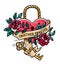 Heart shaped lock. Tattoo heart under lock and key. Together forever. Heart entwined in climbing rose tattoo. Old school