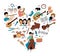 Heart-shaped musical pattern and children musicians with musical instruments