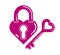 Heart shaped padlock vector logo or icon, lock and turnkey love theme in a shape of heart open or closed emotions, secret feelings