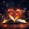 Heart shaped pages of book with magical lights dust