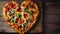 Heart-shaped pepperoni pizza adorned with fresh basil on a wooden background