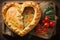 heart-shaped pie with flaky pastry crust is filled with juicy chicken and vegetables