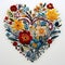 A heart - shaped piece of embroidery with flowers on it, embroidery effect on white backround.