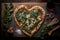 a heart-shaped pizza with a cheesy center, surrounded by fresh herbs and drizzled with balsamic glaze.