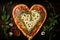 a heart-shaped pizza with a cheesy center, surrounded by fresh herbs and drizzled with balsamic glaze.