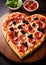 a heart shaped pizza with olives and pepperoni