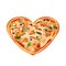 Heart shaped pizza from the oven with cheese, mushrooms, chicken, chopped and whole purple olives, mozzarella and green leaves